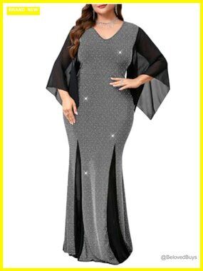 Plus Size Sparkly Formal Dress V Neck Handkerchief Sleeve Bodycon Maxi Evening